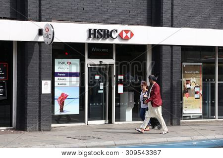 London, Uk - July 6, 2016: Hsbc Bank Branch In London. Hsbc Was Established In Hong Kong In 1865. Cu