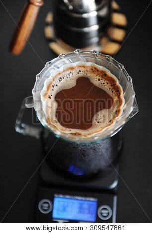 Alternative Coffee Brewing. Clear Glass Pour Over Dripper V60 With Paper Filter. Electronic Scale. T