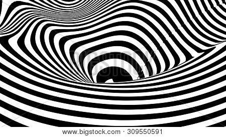 Optical Illusion Wave. Abstract 3D Black And White Illusions. Horizontal Lines Stripes Pattern Or Ba