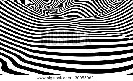 Optical Illusion Wave. Abstract 3D Black And White Illusions. Horizontal Lines Stripes Pattern Or Ba