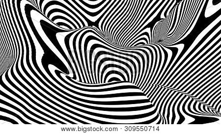 Optical Illusion Wave. Abstract 3D Black And White Illusions. Horizontal Lines Stripes Pattern Or Ba
