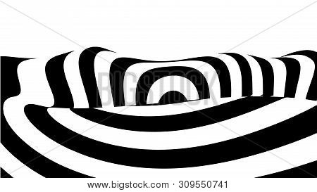 Optical Illusion Wave. Abstract 3D Black And White Illusions. Horizontal Lines Stripes Pattern Or Ba