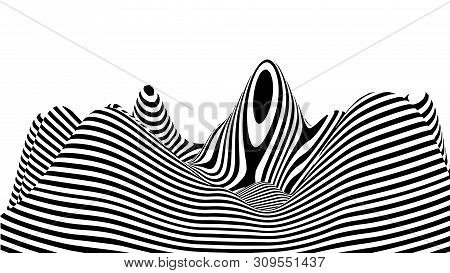 Optical Illusion Wave. Abstract 3D Black And White Illusions. Horizontal Lines Stripes Pattern Or Ba
