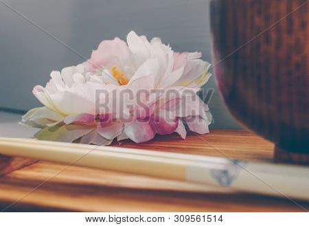 Asian Style Tablewear With Focus On Peony Flower Decor Lying On Bamboo Board