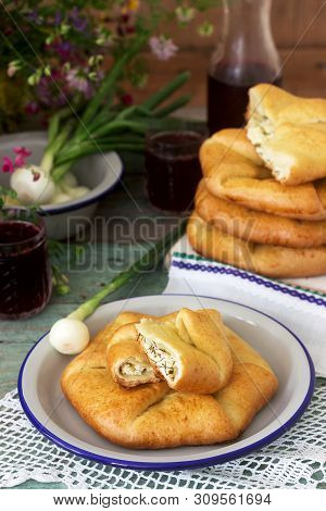 Traditional Homemade Romanian And Moldovan Pies - Placinta, Served With Wine. Rustic Style.