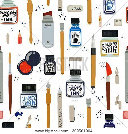 Seamless Pattern Calligraphy Tools On Background With Doodles. Repeated Flat Style Objects For Calli