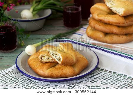Traditional Homemade Romanian And Moldovan Pies - Placinta, Served With Wine. Rustic Style.