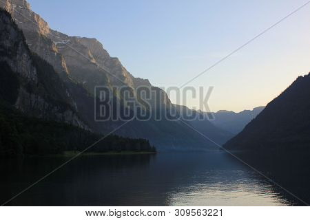 Sunset At Lake Kloental, Switzerland. Mount Glaernisch.