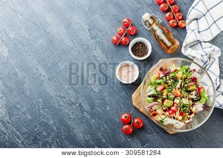 Green Salad With Cherry Tomatoes, Romano Lettuce, Frisse, Lollo Rosso, Feta Cheese, Avocado With Oli