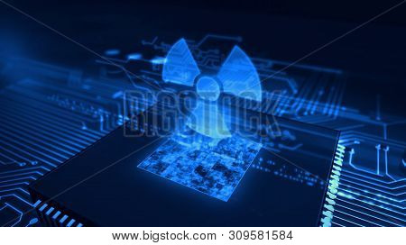 Nucelar Danger Icon Glowing Hologram Over Working Cpu In Background. Futuristic Concept Of Cyber War