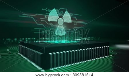 Nucelar Danger Icon Glowing Hologram Over Working Cpu In Background. Futuristic Concept Of Cyber War