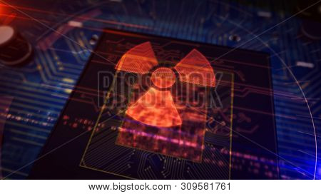 Nucelar Danger Icon Glowing Hologram Over Working Cpu In Background. Futuristic Concept Of Cyber War