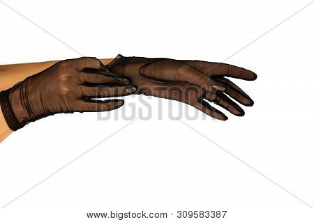 Female Hands With A Manicure In Thin Black Short Tender Guipure Gloves On A White Background Isolate