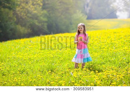 Kids Play. Child In Dandelion Field. Summer Flower