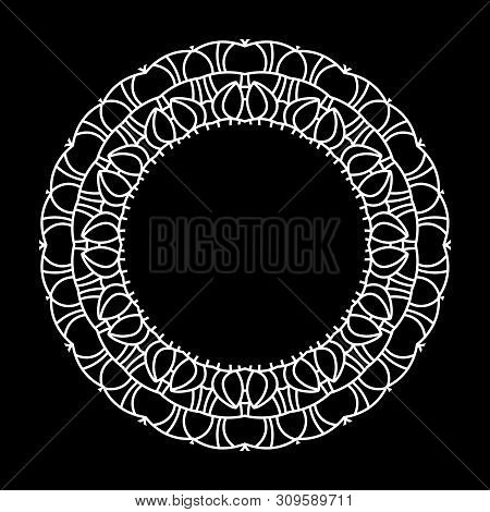 Frame With White Ornament In Circle On Black Background. Abstract Illustration,  Hand Draw Design. A