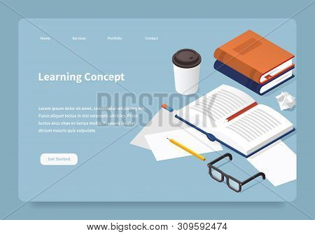 Vector Isometric Learning Landing Page. Student Desk Illustration: Open Book With A Bookmark, Papers