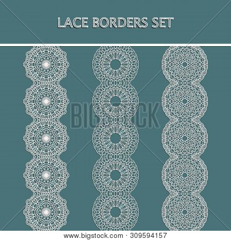 Vector Set Of Lace Borders With Geometric Repeating Texture. Vintage Ornaments. Isolated Design Elem
