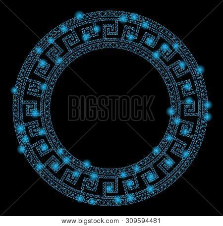 Glowing Mesh Greek Classic Round Frame With Sparkle Effect. Abstract Illuminated Model Of Greek Clas