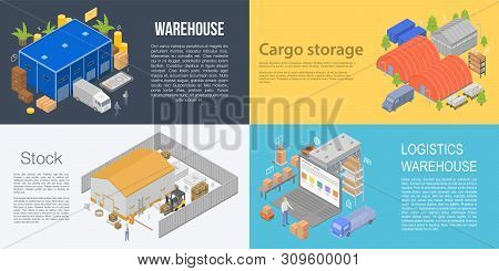 Warehouse Building Banner Set. Isometric Set Of Warehouse Building Vector Banner For Web Design
