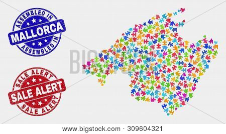 Constructor Mallorca Map And Blue Assembled Seal, And Sale Alert Textured Seal Stamp. Colorful Vecto