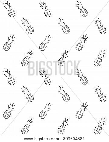 Vector Seamless Pattern Of Black Line Pine Apple Pineapple Isolated On White Background