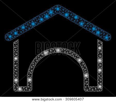 Glowing Mesh Hangar With Glare Effect. Abstract Illuminated Model Of Hangar Icon. Shiny Wire Carcass