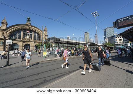 Frankfurt, Germany. July 2019.  Tram Stops In Front Of Frankfurt Hauptbahnhof Train Station