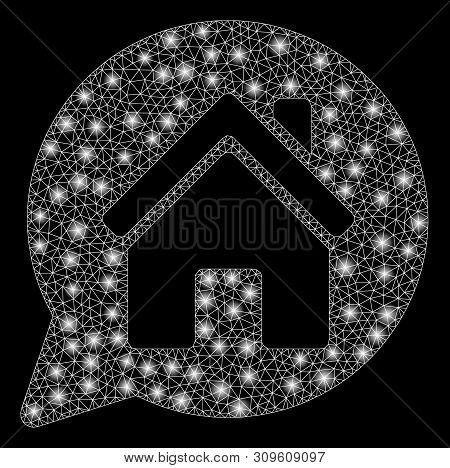 Bright Mesh House Mention With Lightspot Effect. Abstract Illuminated Model Of House Mention Icon. S