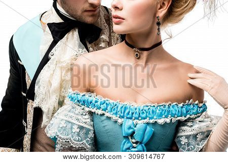 Cropped View Of Pompous Victorian Man Near Young Woman In Blue Dress Isolated On White