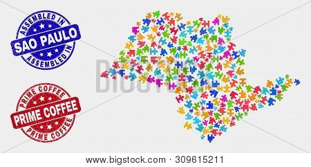 Puzzle Sao Paulo State Map And Blue Assembled Seal, And Prime Coffee Textured Seal Stamp. Bright Vec