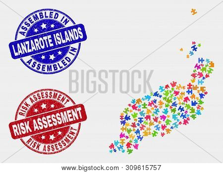 Puzzle Lanzarote Islands Map And Blue Assembled Stamp, And Risk Assessment Grunge Seal Stamp. Colorf