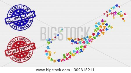 Puzzle Bermuda Islands Map And Blue Assembled Seal Stamp, And Natura Product Distress Seal. Colorful