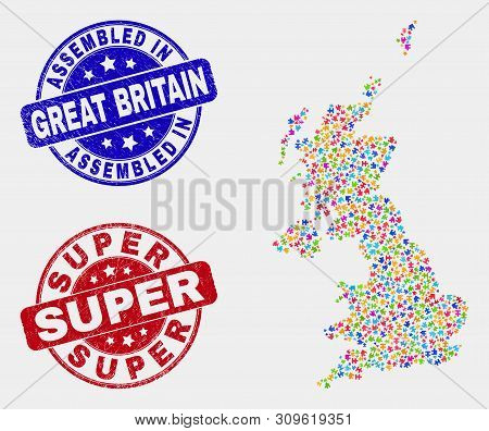 Element United Kingdom Map And Blue Assembled Stamp, And Super Grunge Seal Stamp. Colored Vector Uni