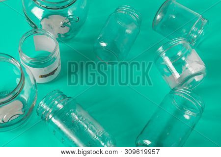 Isolated Glass Jars, No Lids Flat, Teal Mint Green Background, Copy Space Room