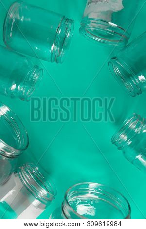 Isolated Glass Jars, No Lids Flat, Teal Mint Green Background, Copy Space Room