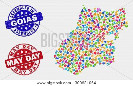 Assemble Goias State Map And Blue Assembled Seal, And May Day Grunge Seal Stamp. Colorful Vector Goi