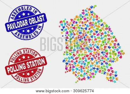 Module Pavlodar Region Map And Blue Assembled Seal Stamp, And Polling Station Distress Seal Stamp. C