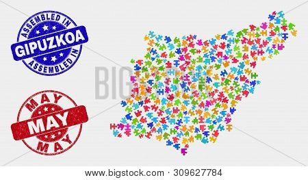 Module Gipuzkoa Province Map And Blue Assembled Watermark, And May Distress Seal. Bright Vector Gipu