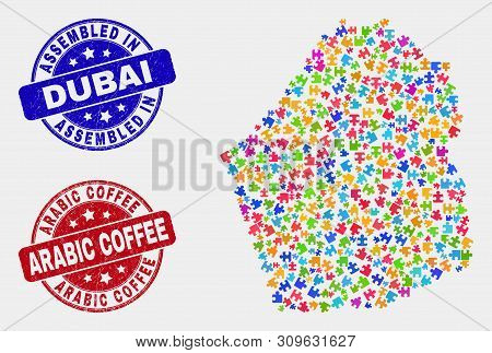 Element Dubai Emirate Map And Blue Assembled Seal Stamp, And Arabic Coffee Textured Seal Stamp. Colo