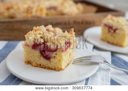 Home Made Cherry Streusel Cake With Vanilla Pudding