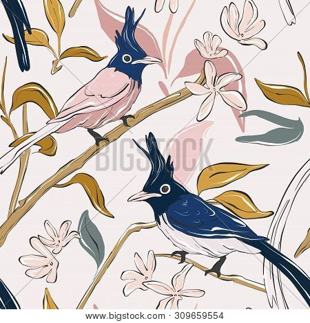 Botanical Print With Navy Parrot And Exotic Leaves. Tropical Birds Pardise  Pattern. Flowers And Lea