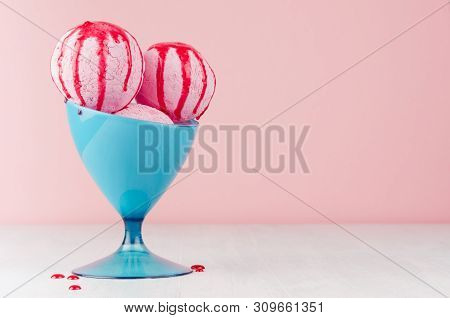 Creamy Pink Ice Cream Scoops In Blue Ice-cream Bowl With Strawberry Sauce In Modern Pink Color Inter