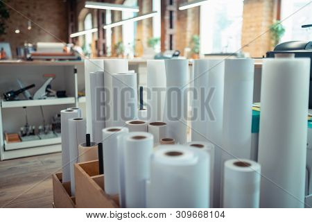 Rolls Of Paper For Printing Books Standing In The Office