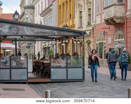 Gyor Hungary 05 07 2019 Guests Can Chat And Have Coffee On The Terrace Of The Kuglofs Confectionery