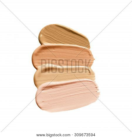 Make Up Foundation Swatch Various Shades. Liquid Foundation Smear Isolated On White Background. Beig