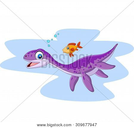 Vector Illustration Of Cartoon Smiling Plesiosaurus And Fish