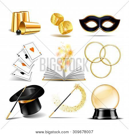 Magician Symbol Set With Black Cylinder Hat, Falling Dice, Magic Wand, Open Book With Magic Light, L