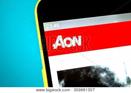 Berdyansk, Ukraine - April 12, 2019: Illustrative Editorial Of Aon Website Homepage. Aon Logo Visibl