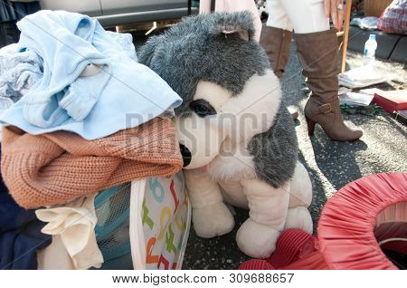 Clutter Sweater Clothes And Siberian Husky Soft Toy Doll In Sunday Flea Market