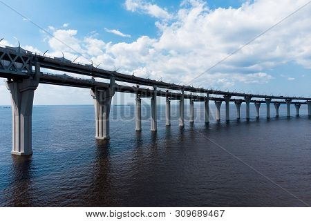Aerial View Of The Bridge With Cars Through The High-speed Way. Highway Road Line. Highway. Zsd, Wes